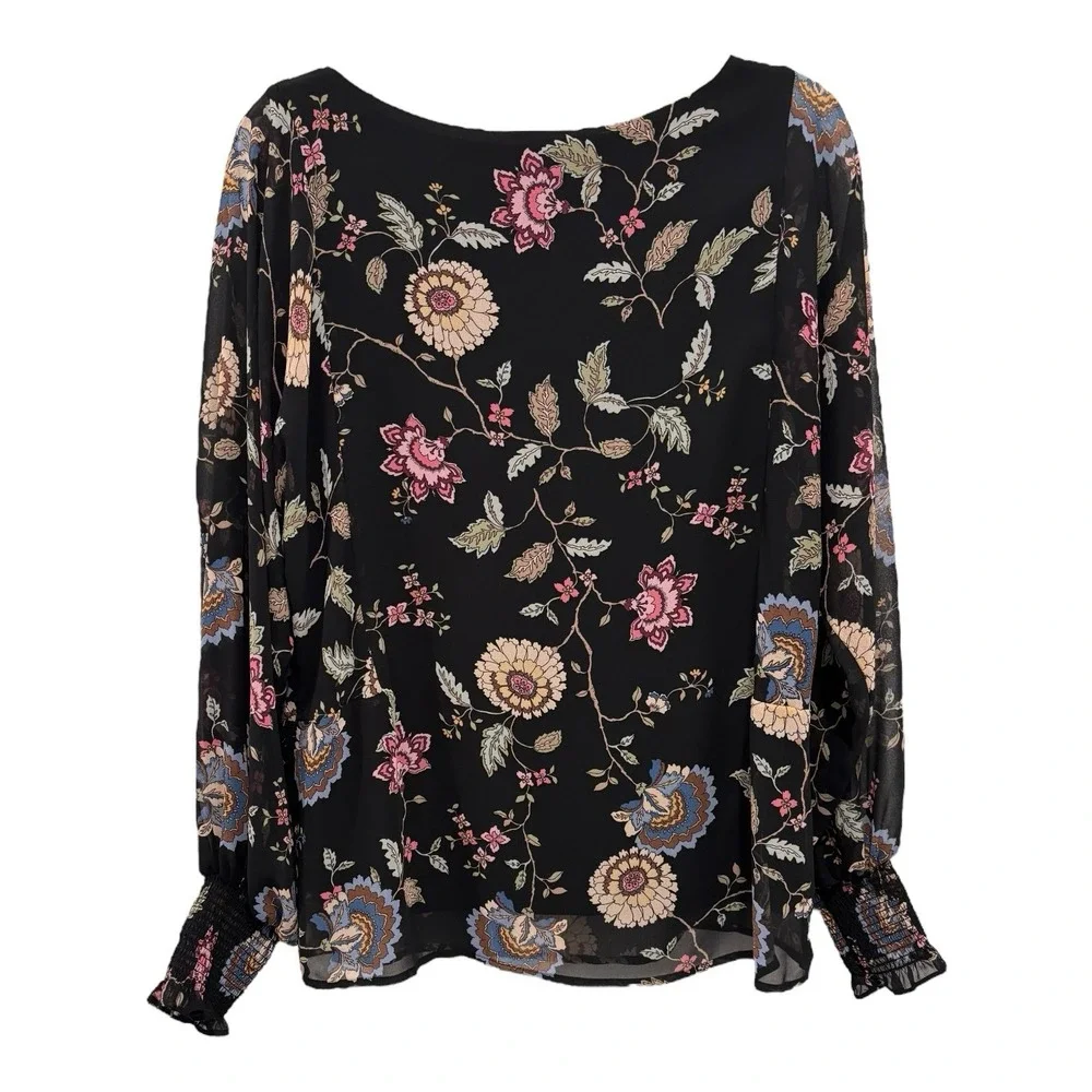 Vince Camuto Top XL Sheer Black Multi Floral Bishop Sleeves Stretch Cuffs Lined - Picture 2 of 8